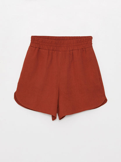 Plain Linen Look Women's Shorts with Elastic Waist