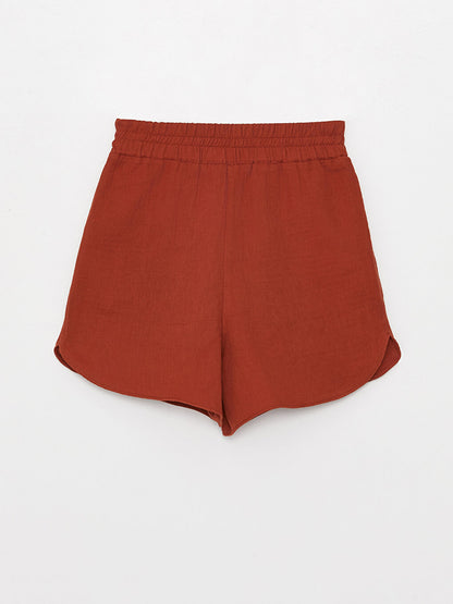 Plain Linen Look Women's Shorts with Elastic Waist