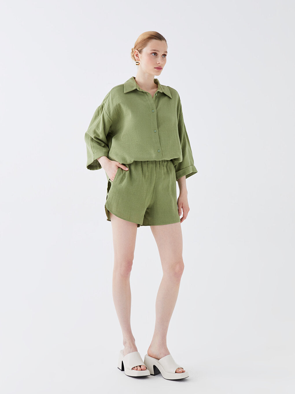 Plain Linen Look Women's Shorts with Elastic Waist