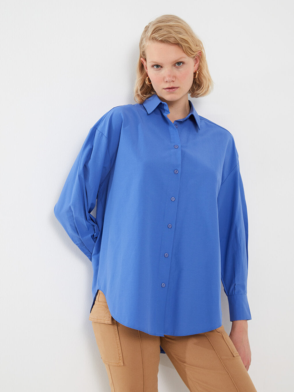 Plain Long Sleeve Oversize Poplin Women's Shirt Tunic