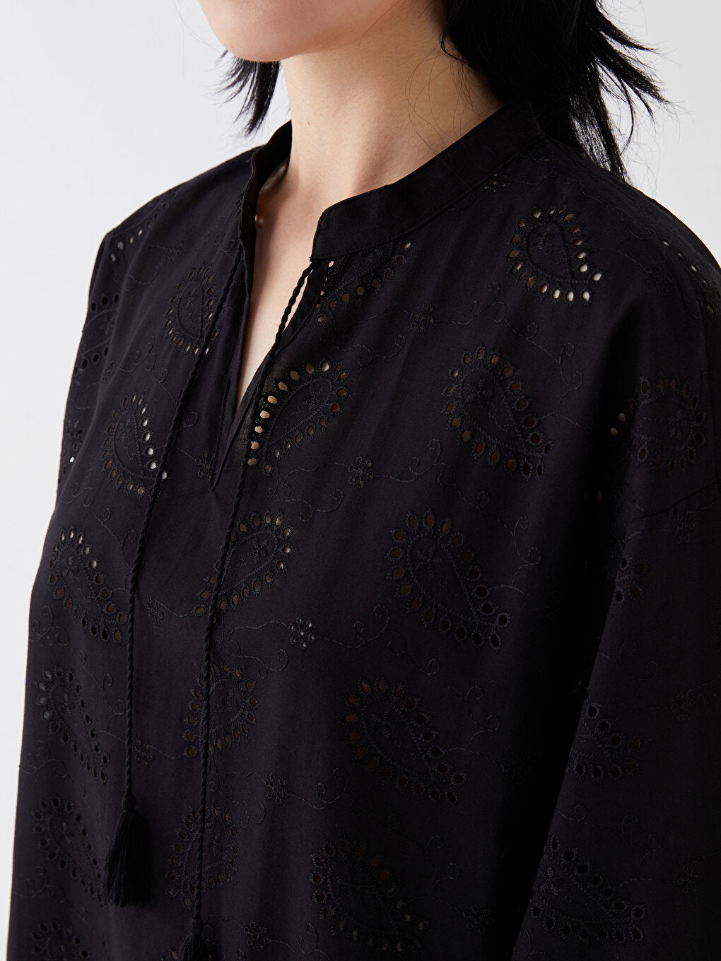 Tie Collar Self Patterned Long Sleeve Oversize Women's Blouse