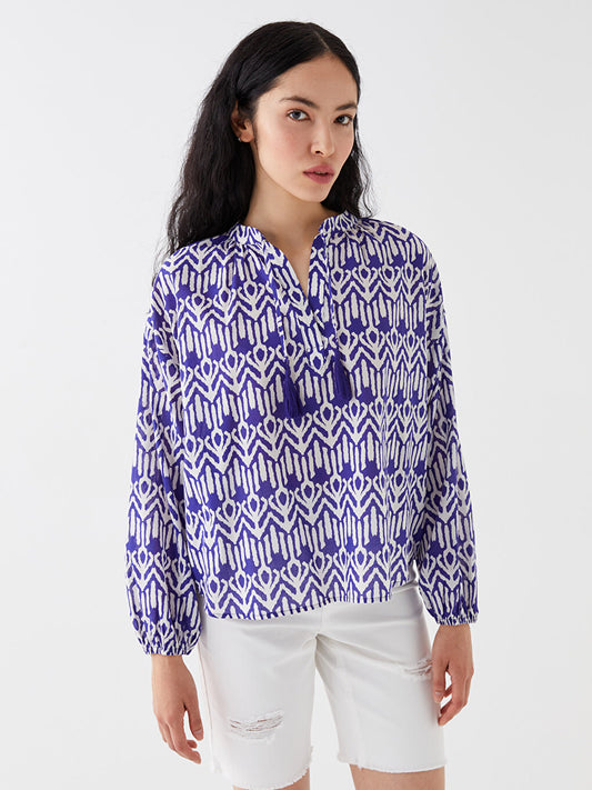 Tie Collar Patterned Long Sleeve Oversize Women's Blouse