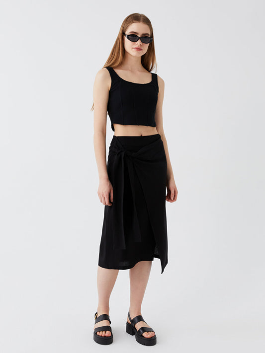 Straight Linen Blend Women's Skirt with Tie Waist