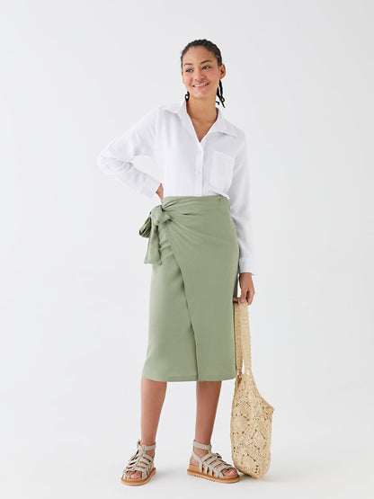 Straight Linen Blend Women's Skirt with Tie Waist