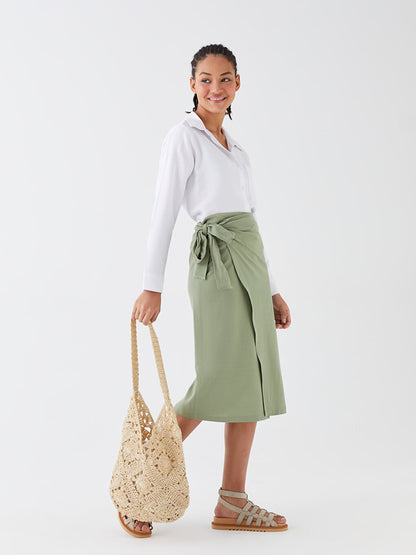 Straight Linen Blend Women's Skirt with Tie Waist