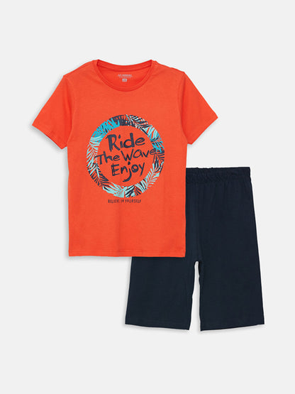 Crew Neck Printed Short Sleeve Boy's Pajama Set with Shorts