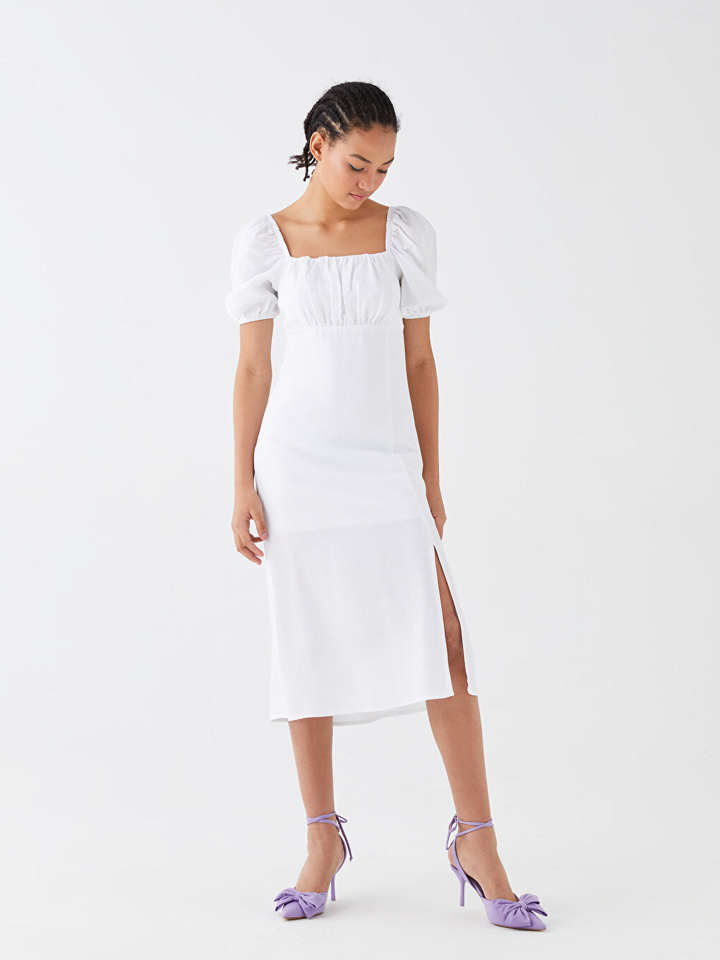 Square Neck Plain Short Sleeve Linen Blend Women's Dress