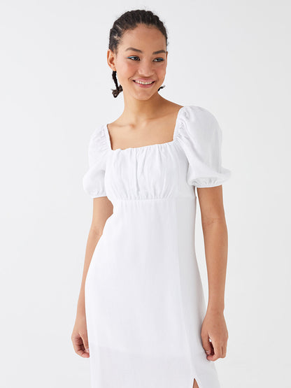 Square Neck Plain Short Sleeve Linen Blend Women's Dress