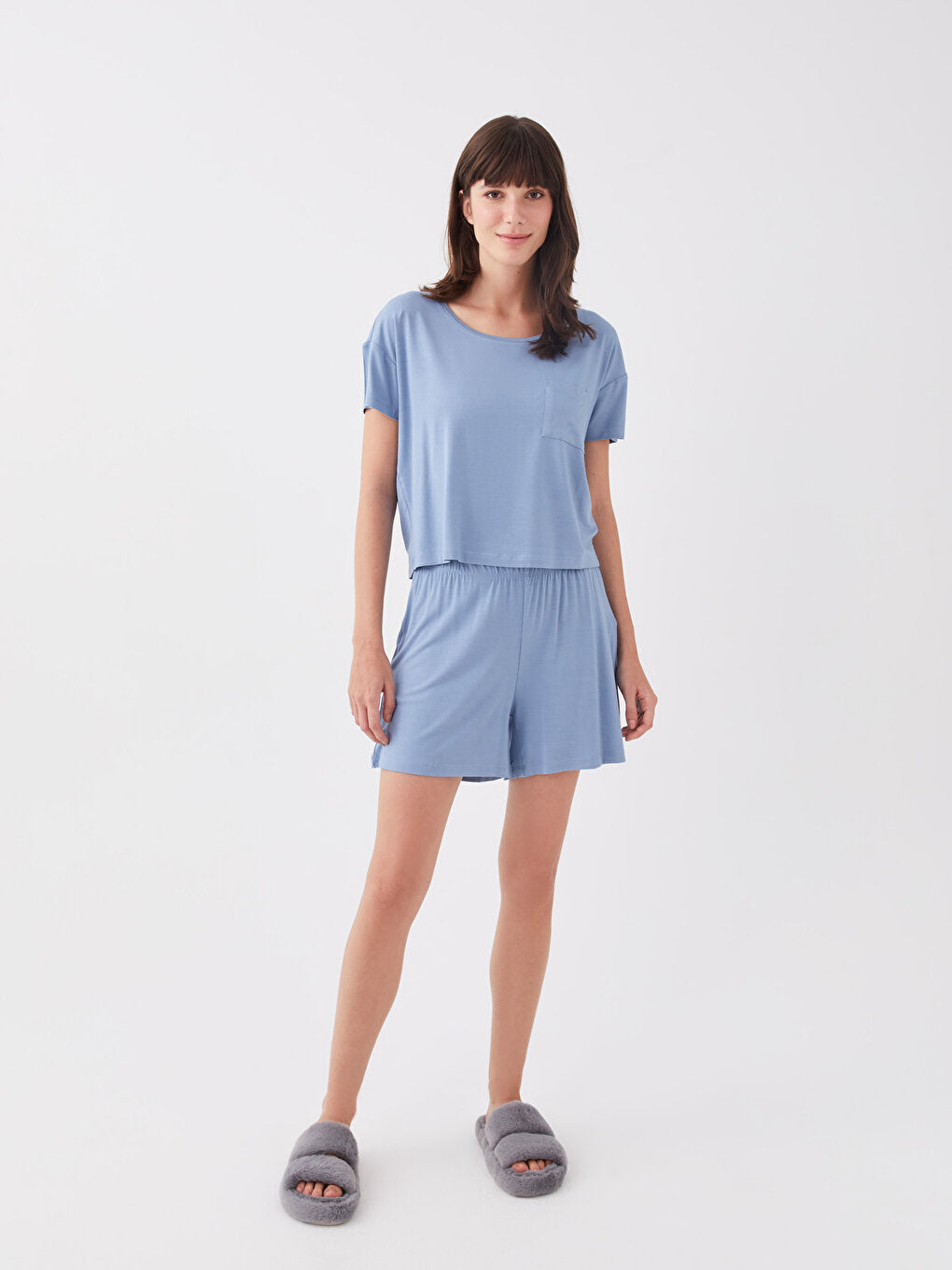 Crew Neck Plain Short Sleeve Women's Pajama Set with Shorts