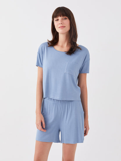 Crew Neck Plain Short Sleeve Women's Pajama Set with Shorts