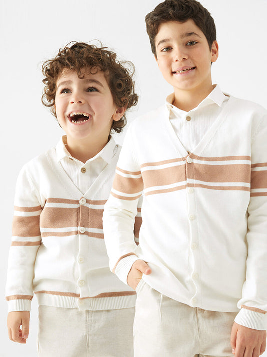 V-Neck Striped Long Sleeve Boy's Knitwear Cardigan