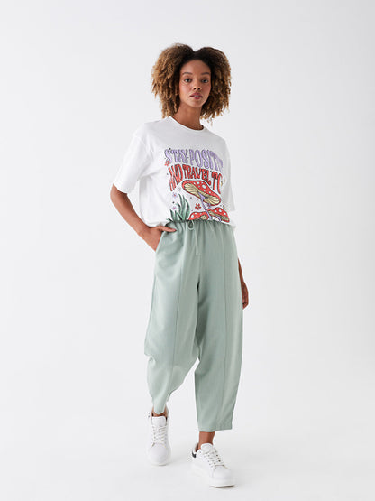 Plain Linen Blend Women's Trousers with Elastic Waist