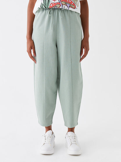 Plain Linen Blend Women's Trousers with Elastic Waist