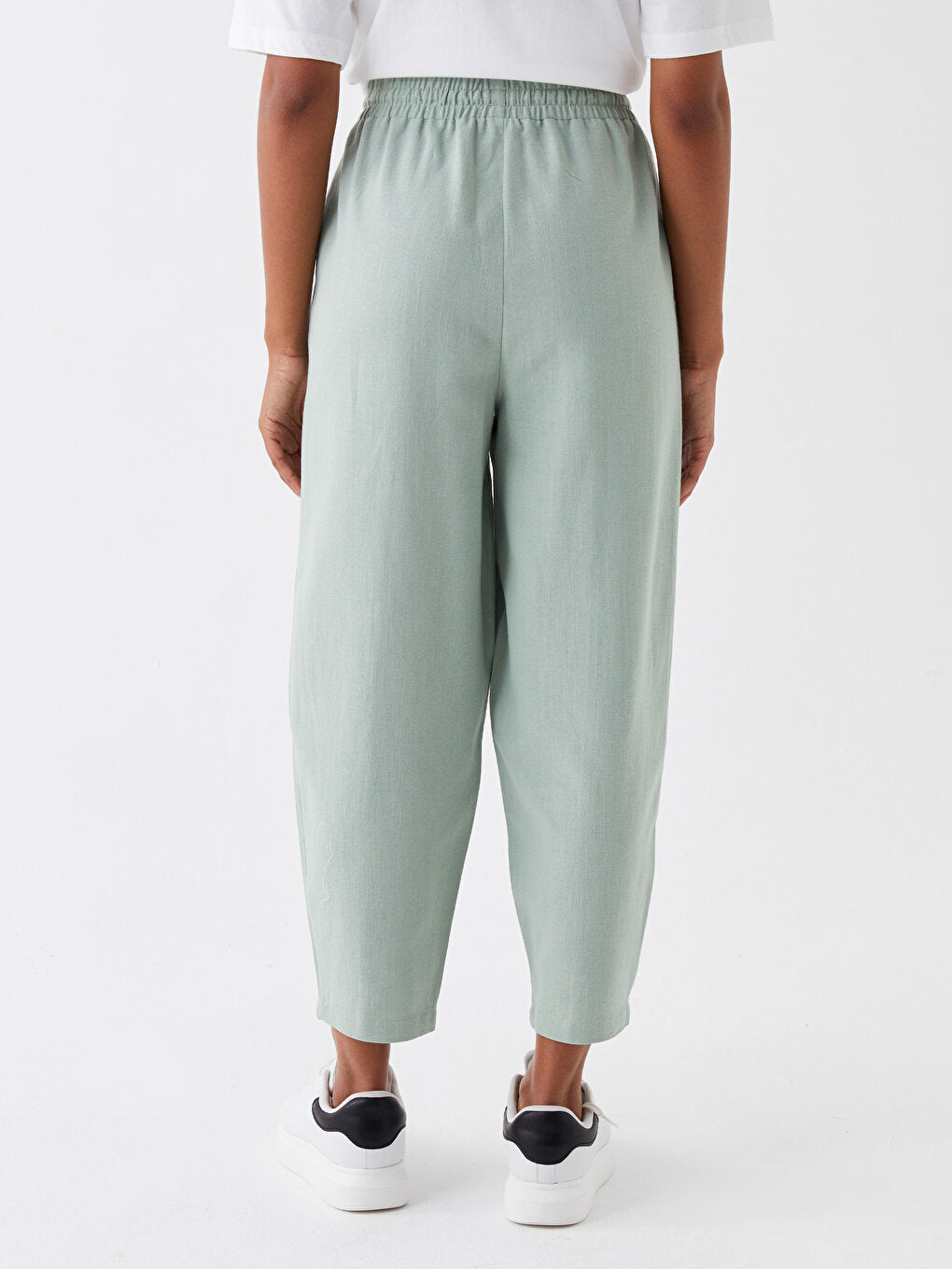 Plain Linen Blend Women's Trousers with Elastic Waist