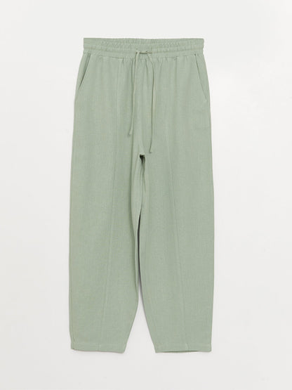 Plain Linen Blend Women's Trousers with Elastic Waist