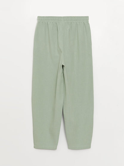 Plain Linen Blend Women's Trousers with Elastic Waist