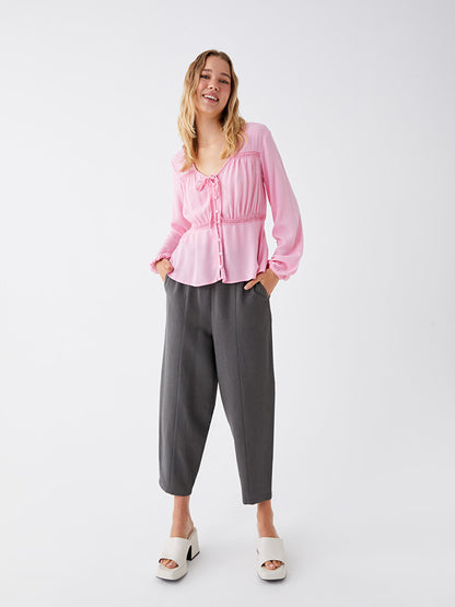 Plain Linen Blend Women's Trousers with Elastic Waist