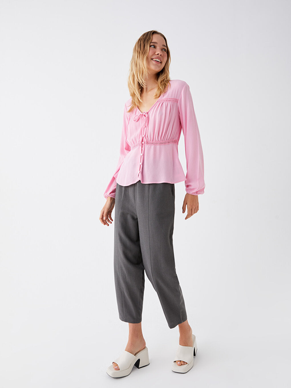 Plain Linen Blend Women's Trousers with Elastic Waist