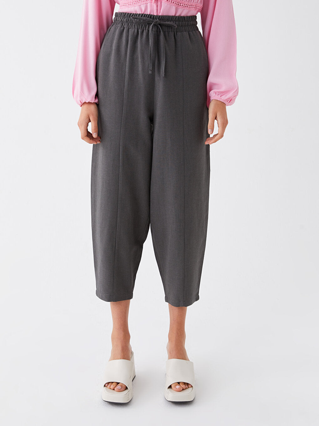 Plain Linen Blend Women's Trousers with Elastic Waist