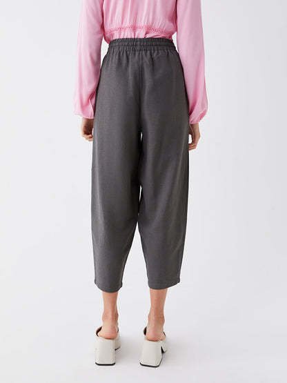 Plain Linen Blend Women's Trousers with Elastic Waist