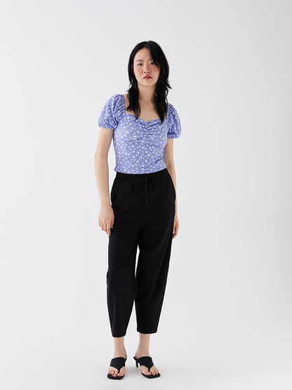 Plain Linen Blend Women's Trousers with Elastic Waist