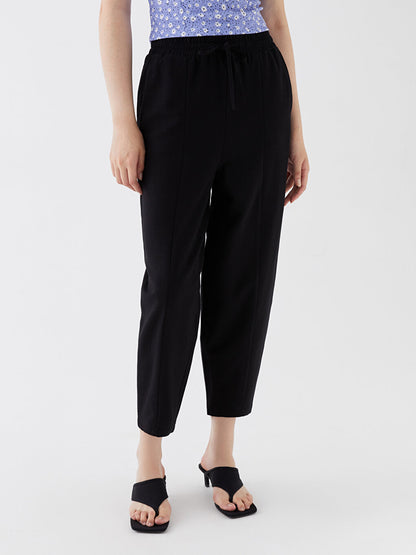 Plain Linen Blend Women's Trousers with Elastic Waist