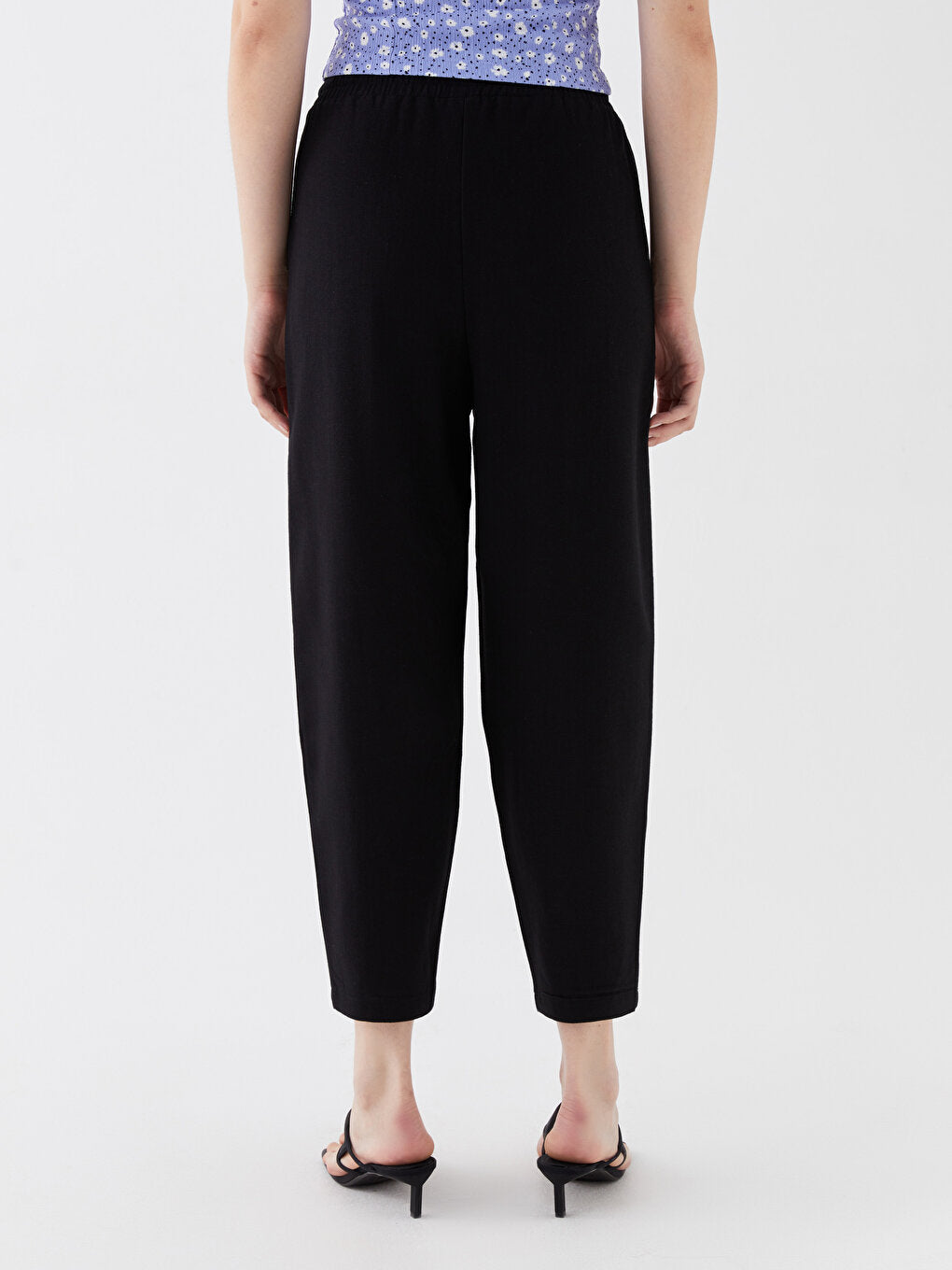 Plain Linen Blend Women's Trousers with Elastic Waist