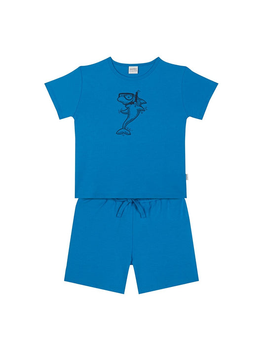 Crew Neck Printed Short Sleeve Boy's Pajama Set with Shorts