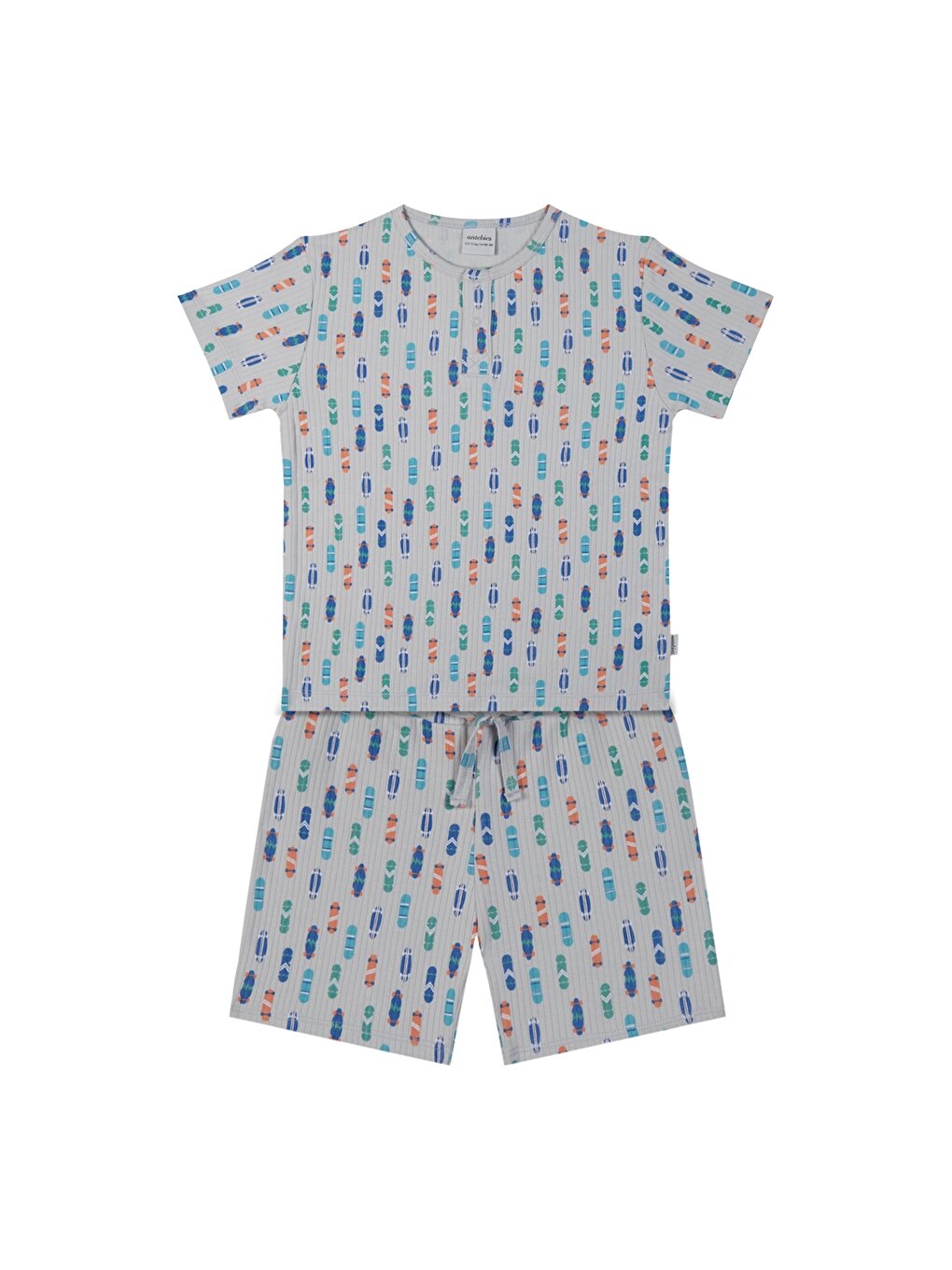 Crew Neck Printed Short Sleeve Boy's Pajama Set with Shorts