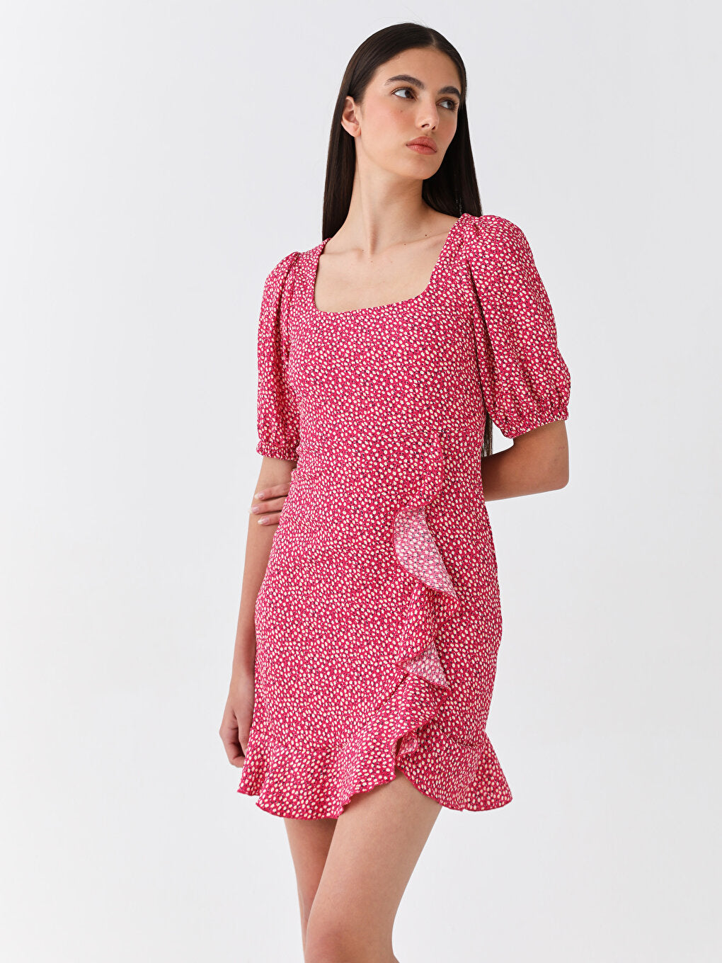 Square Collar Patterned Balloon Sleeve Women's Dress