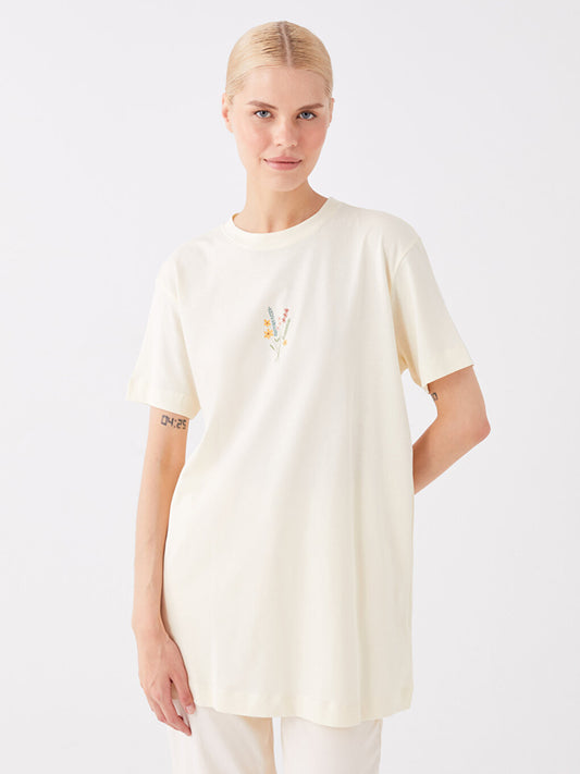 Crew Neck Embroidered Short Sleeve Women's Tunic