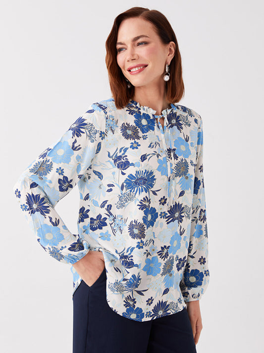 Tie-Up Collar Flower Long Sleeve Women's Blouse