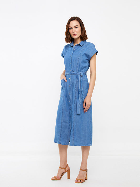 Shirt Collar Straight Short Sleeve Women's Jean Dress