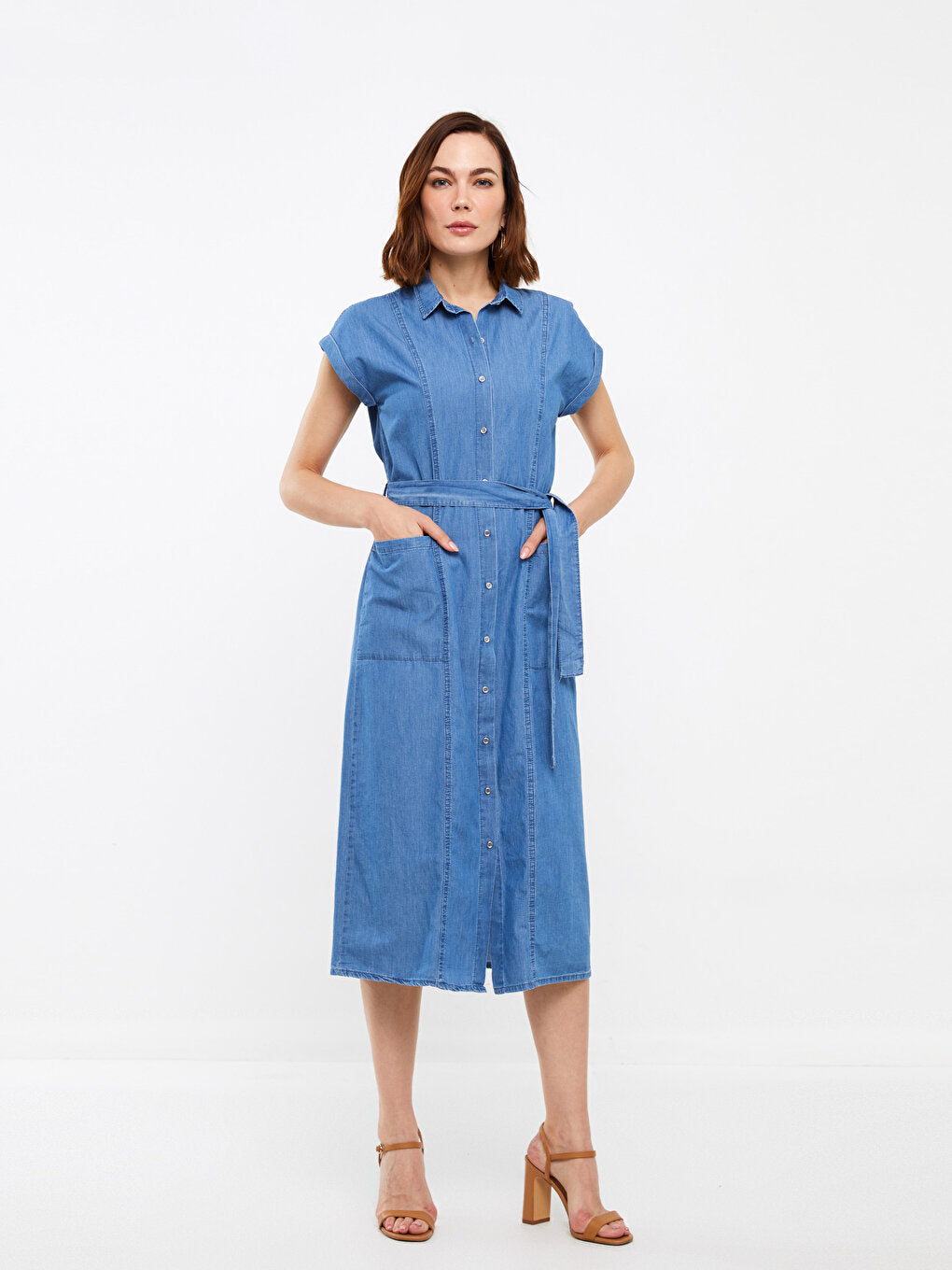 Shirt Collar Straight Short Sleeve Women's Jean Dress