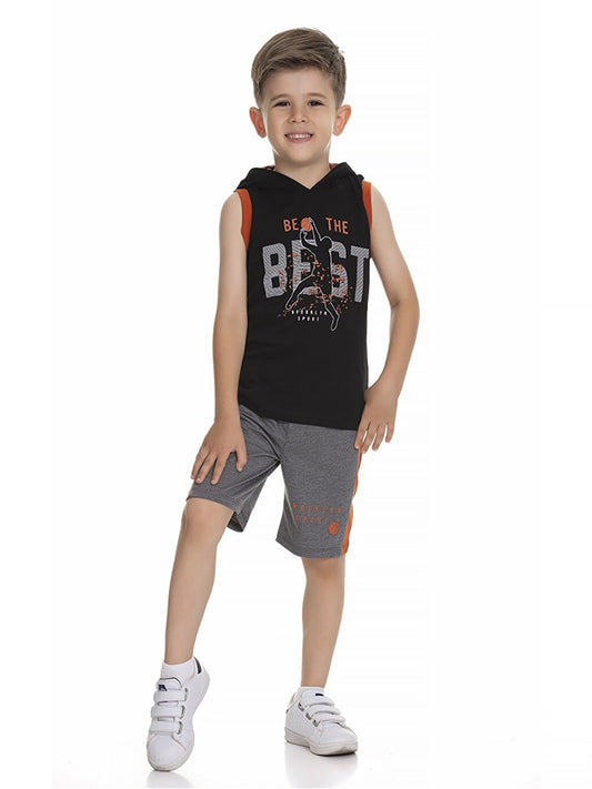 Hooded Printed Baby Boy Undershirt and Shorts 2-Piece Set