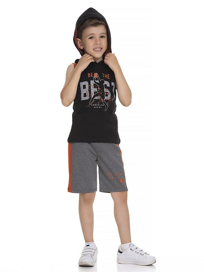 Hooded Printed Baby Boy Undershirt and Shorts 2-Piece Set