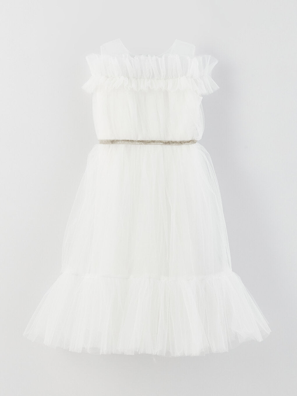 Crew Neck Tulle Detailed Girl's Dress