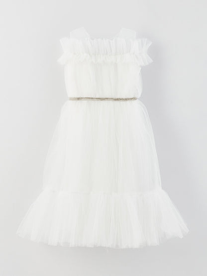 Crew Neck Tulle Detailed Girl's Dress