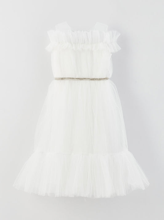 Crew Neck Tulle Detailed Girl's Dress