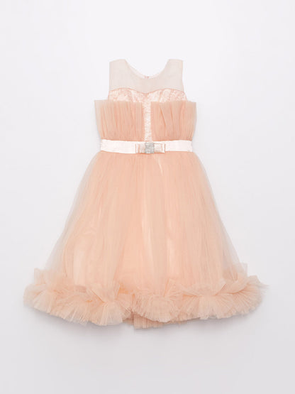 Crew Neck Tulle Detailed Girl's Dress