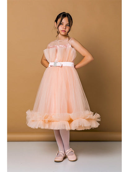 Crew Neck Tulle Detailed Girl's Dress