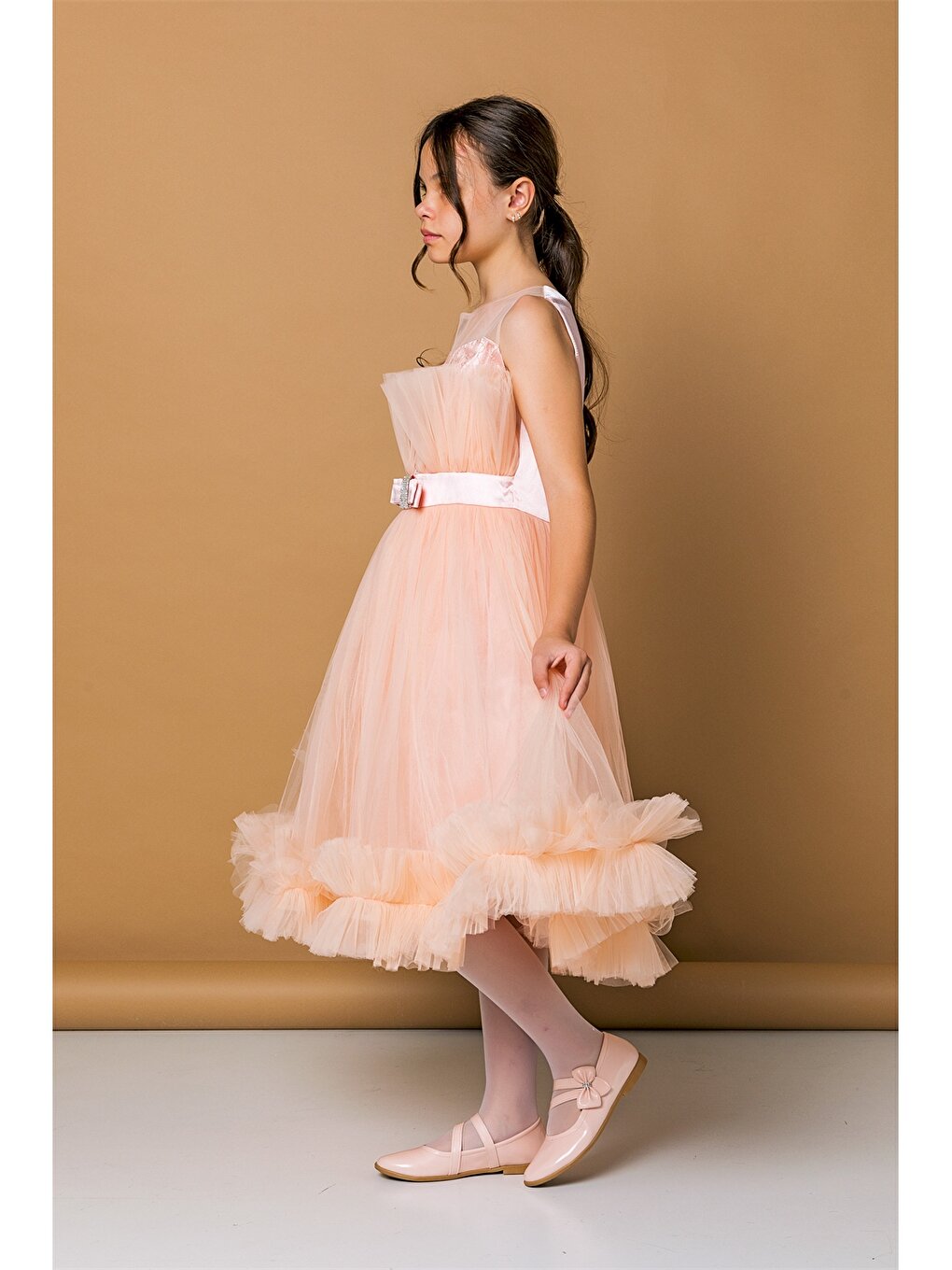 Crew Neck Tulle Detailed Girl's Dress