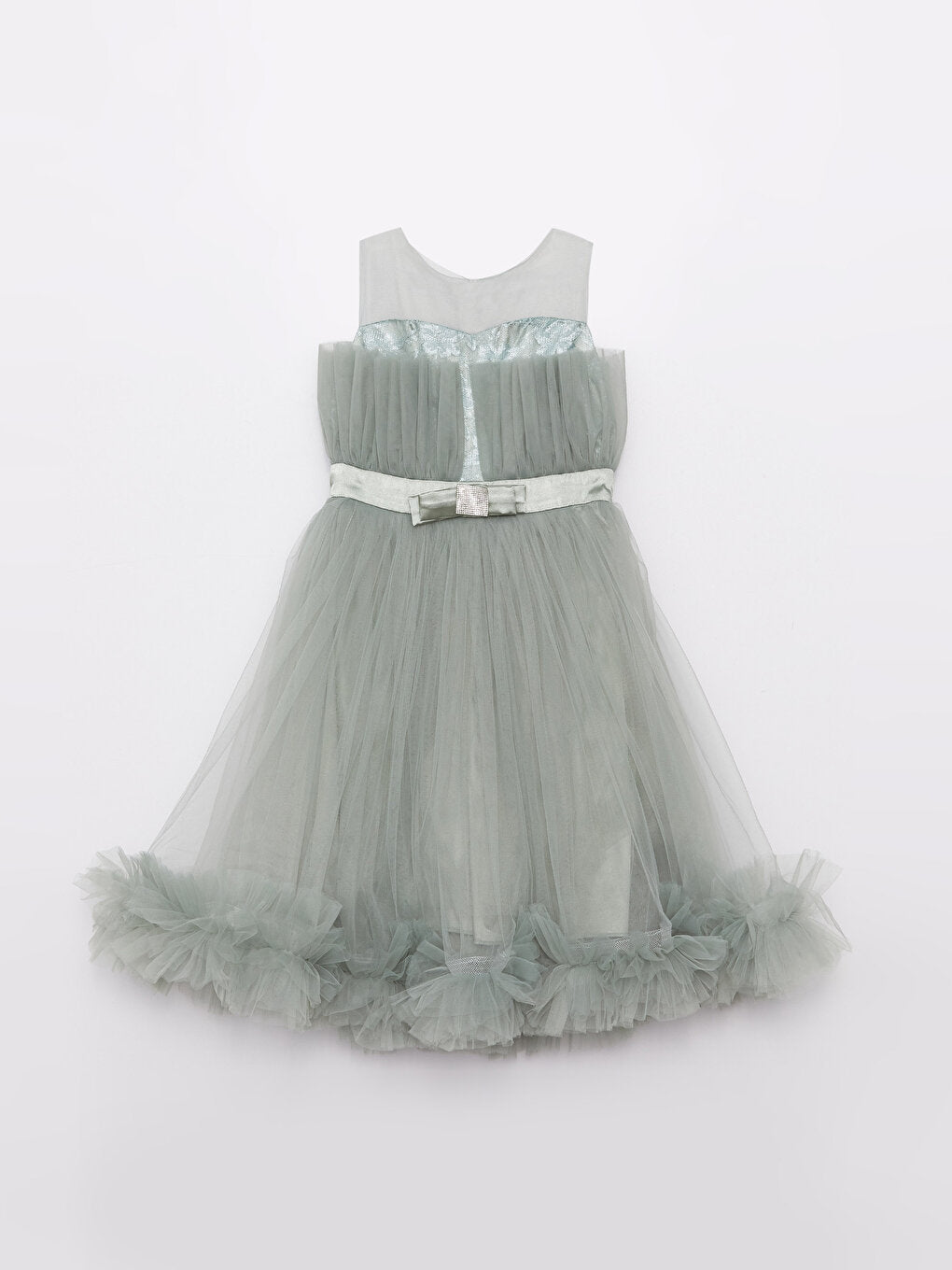 Crew Neck Tulle Detailed Girl's Dress