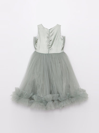 Crew Neck Tulle Detailed Girl's Dress