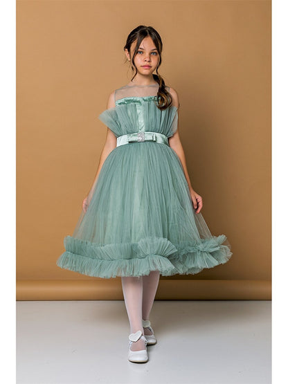 Crew Neck Tulle Detailed Girl's Dress