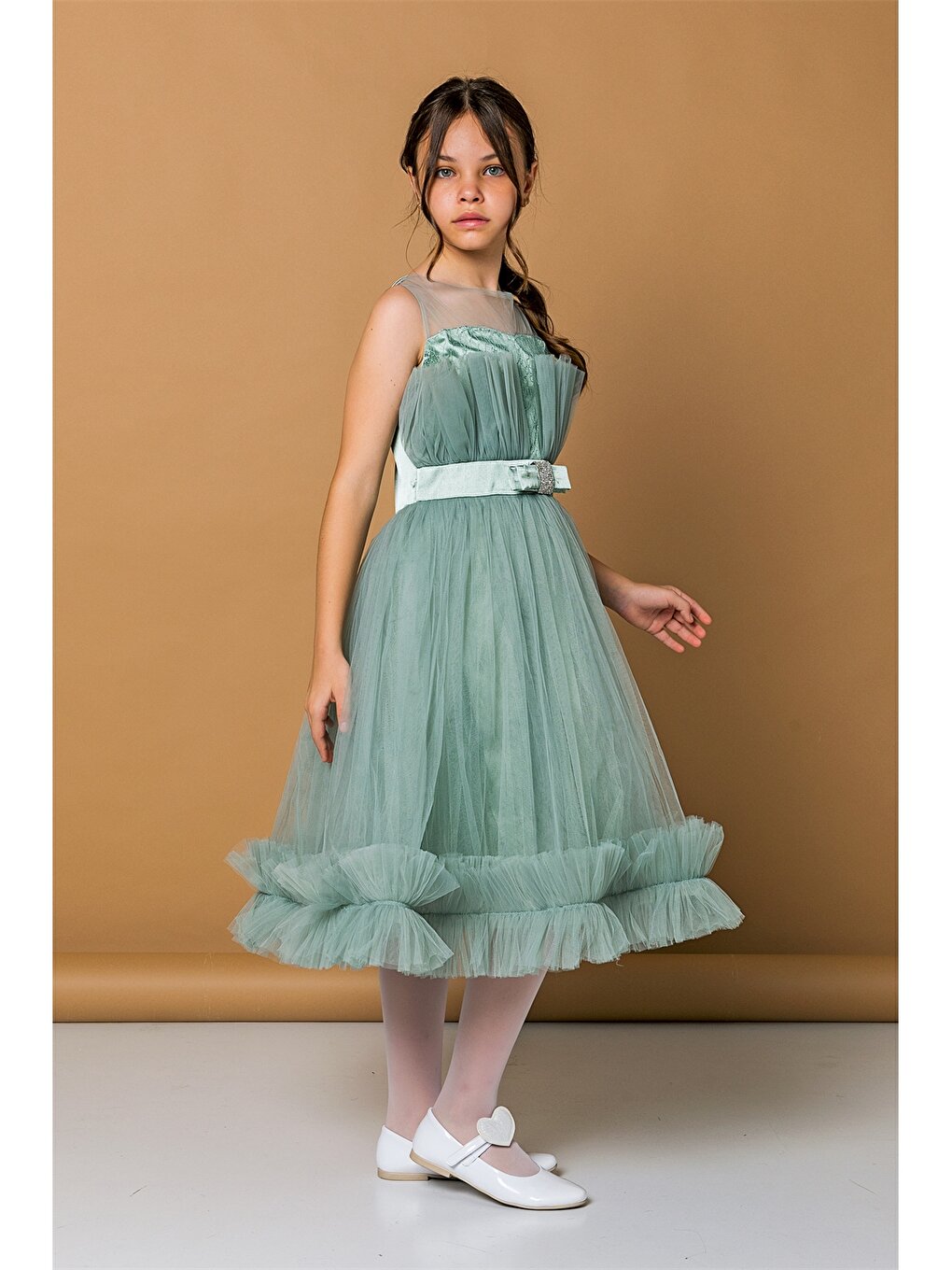 Crew Neck Tulle Detailed Girl's Dress