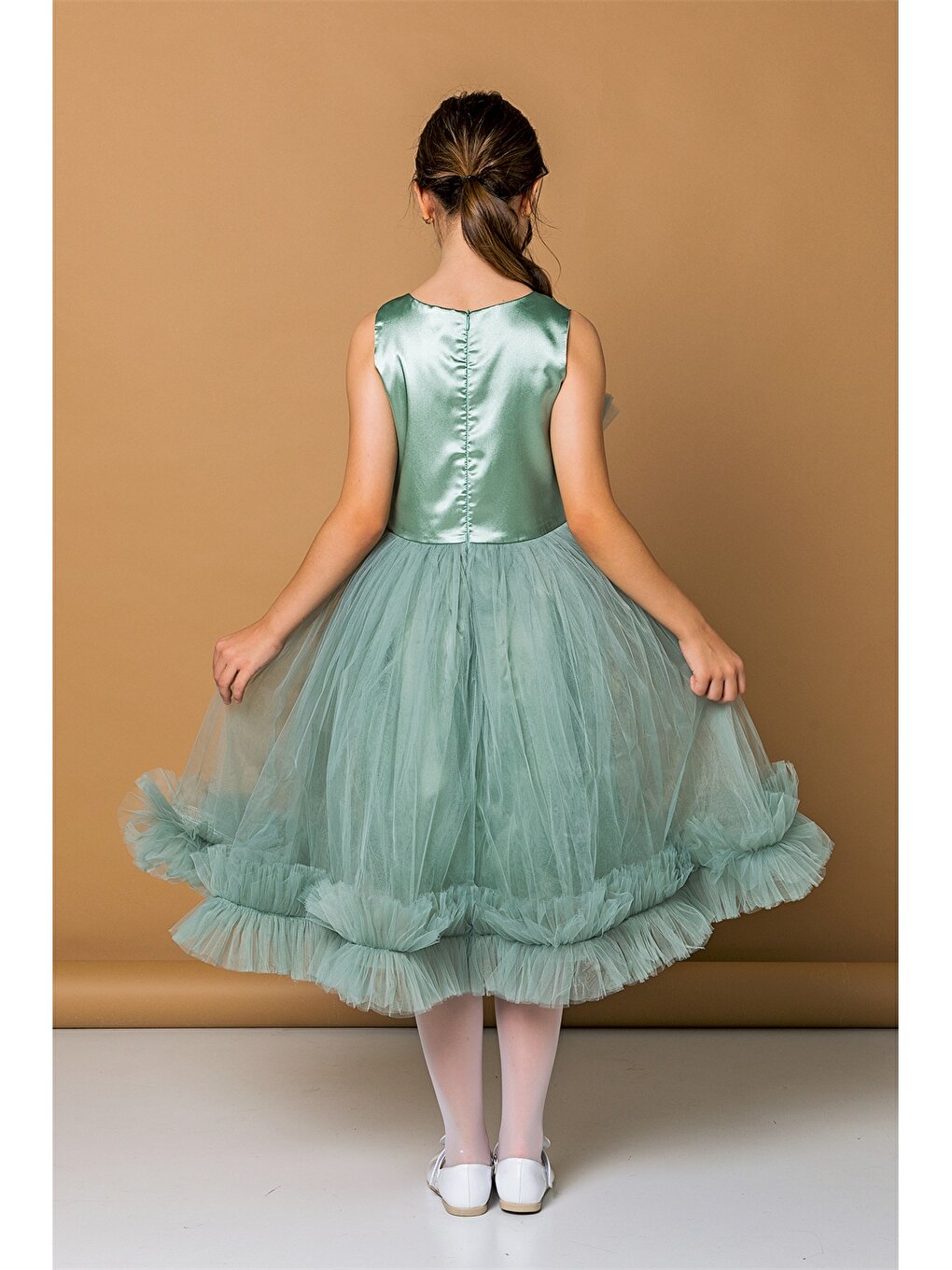 Crew Neck Tulle Detailed Girl's Dress