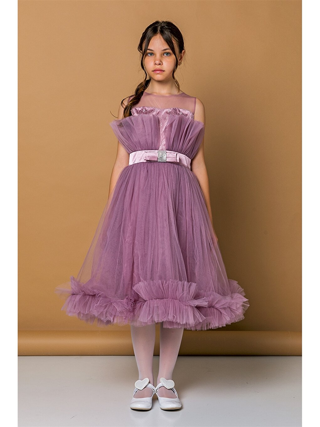 Crew Neck Tulle Detailed Girl's Dress