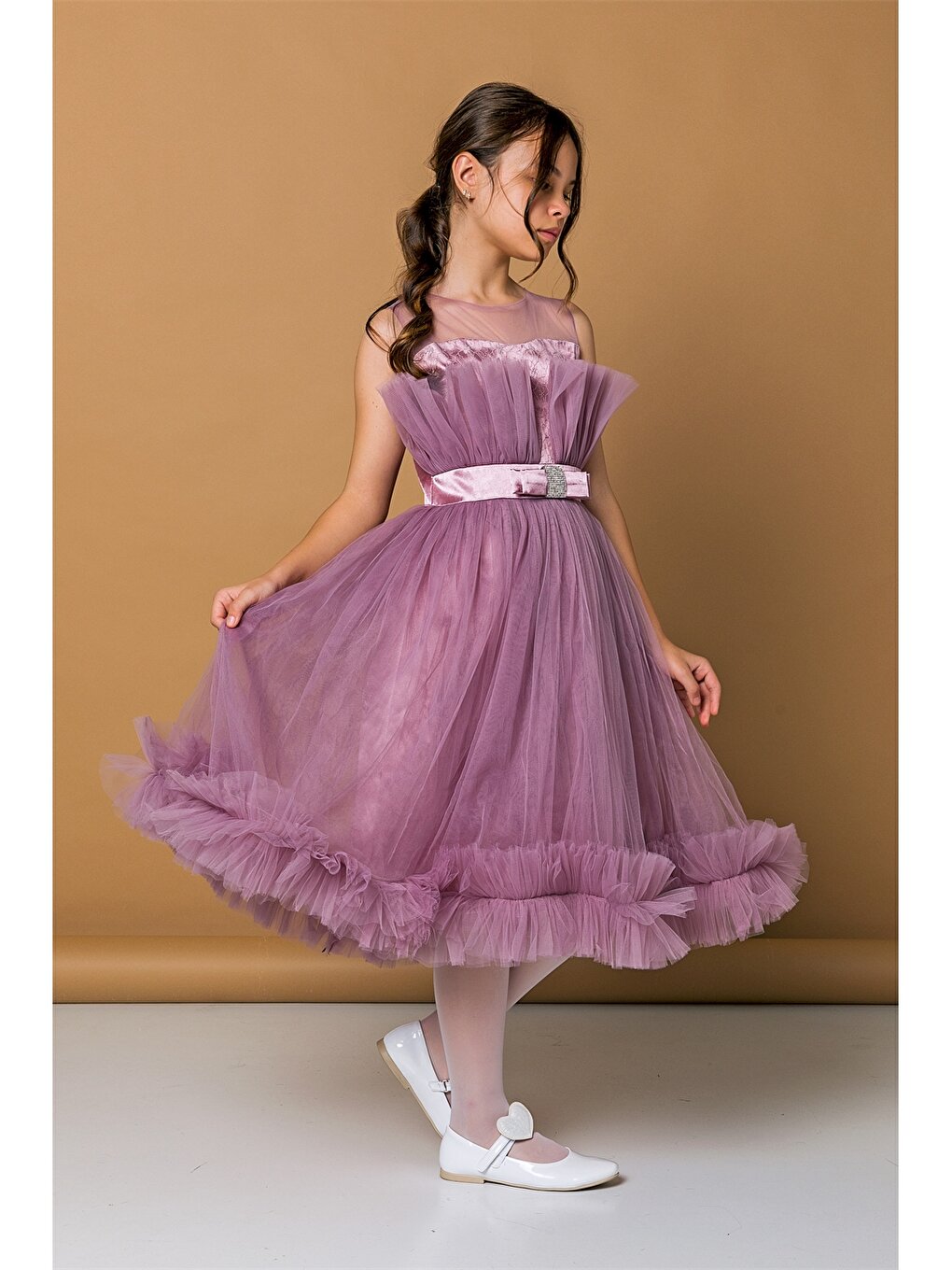 Crew Neck Tulle Detailed Girl's Dress