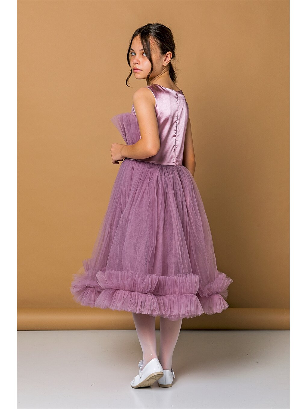 Crew Neck Tulle Detailed Girl's Dress